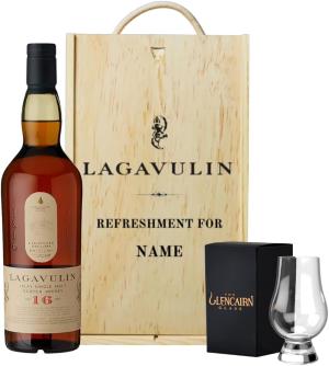 Personalised Lagavulin Single Malt Scotch Whisky Gift Set 70cl Bottle 43 ABV with Glencairn Glass in Wooden Presentation Box Premium Personalised Whisky Gift for Him or Her