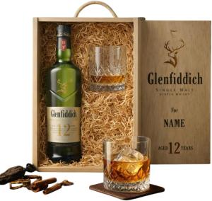 Glenfiddich Personalised 12 Year Old Single Malt Scotch Whisky Gift Set with Glass Premium Whisky Gift in Wooden Presentation Box Custom Gift for Him or Her 40 ABV 70cl