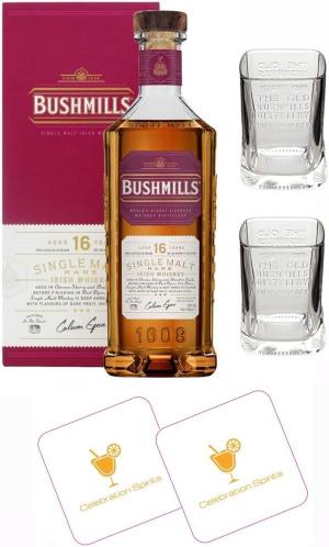 Celebration Spirits Bushmills 16 Year Old Gift Set 1x 16Year Old Single Malt Irish Whiskey 70cl 2x Branded Bushmills Tumbler Whiskey Glasses 2x Celebration Spirits Beer Mats