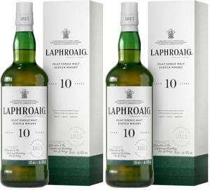 Laphroaig 10 Year Old Scotch Islay Single Malt Whisky Peated Smoky Salty and Sweet 40 ABV 70 cl Pack of 2
