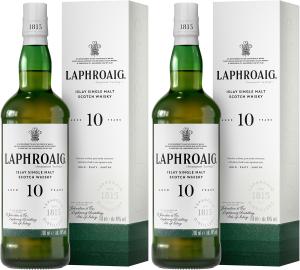 Laphroaig 10 Year Old Scotch Islay Single Malt Whisky Peated Smoky Salty and Sweet 40 ABV 70 cl Pack of 2