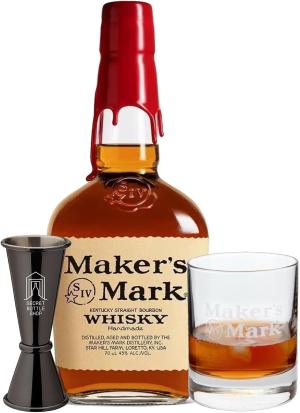 Makers Mark Glass Jigger Gift Set Containing 1 x Makers Mark Bourbon 70cl 1 x Makers Mark Glass 1 x Secret Bottle Shop Jigger Alcohol Gift Sets for Men