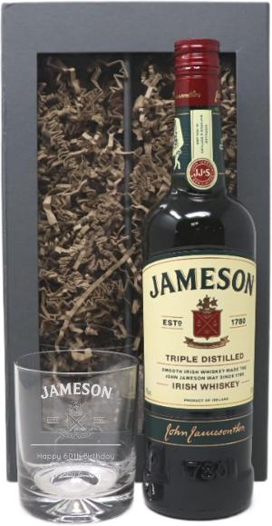 Personalised Engraved Dimple Glass Tumbler 70cl Bottle of Irish Whiskey Jameson Label Design Jameson Irish Whiskey 70cl Presentation Gift Box