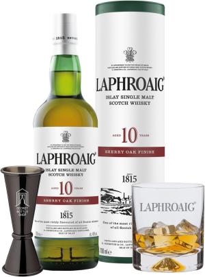 Laphroaig Whisky Glass Jigger Gift Set Laphroaig 10 Years Old Sherry Oak Finish Single Malt Peated Scotch Whisky Islay Bourbon and Oloroso Sherry Oak Cask Matured 48 Percent ABV 70 cl