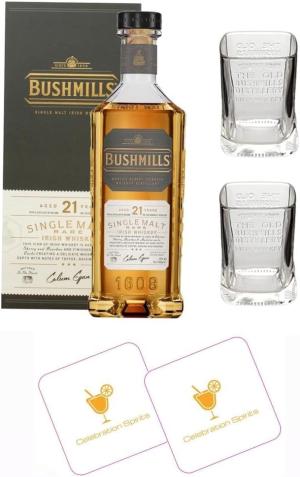 Celebration Spirits Bushmills 21 Year Old Gift Set 1x 21Year Old Single Malt Irish Whiskey 70cl 2x Branded Bushmills Tumbler Whiskey Glasses 2x Celebration Spirits Beer Mats