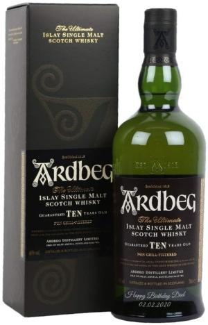 Personalised Ardbeg 10 Year Old Customised Engraved Whisky Gift for Men Bottle of Islay Single Malt Scotch Whiskey with Custom Engraving Best Alcohol Gifts for Christmas Birthday 70cl 46