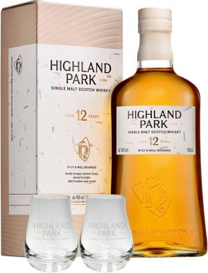Highland Park 12 Year Old Island Single Malt Scotch Whisky 2 Glasses