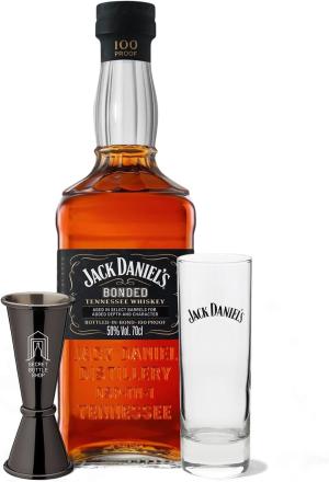 Jack Daniels Bonded Whiskey Glass Jigger Gift Set 70cl Containing a bottle of Jack Daniels Bonded Whiskey Branded Glass Secret Bottle Shop Jigger Ideal Whiskey Gift