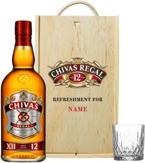 Chivas Regal Personalised 12 Year Old Scotch Whisky Gift Set 70cl Bottle 40 ABV Engraved Wooden Gift Box Glass Luxury Whisky for Him Her Birthdays Special Occasions