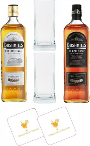 Celebration Spirits Bushmills Bestseller Bundle Gift Set 1x Original 70cl 1x Black Bush 70cl 2x Branded Bushmills Tumbler Whiskey Glasses 2x Celebration Spirits Beer Mats 700ml Black Bush