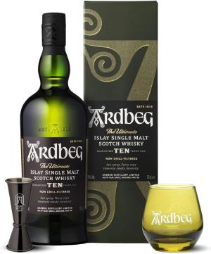 Ardbeg Ten Years Old Islay Single Malt Scotch Whisky Peaty Smokey with Branded Glass Secret Bottle Shop Jigger Scotch Whisky Gifts 70cl