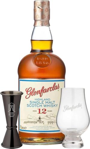 Glenfarclas 12 Year Old Whisky Glass Jigger Gift Set 70cl Containing 1 x Glenfarclas 12 Year Old A Branded Glenfarclas Glass Secret Bottle Shop Cocktail Jigger