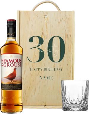 Personalised 30th Birthday The Famous Grouse Whisky Gift Set with Whisky Glass Personalised Wooden Gift Box 70cl