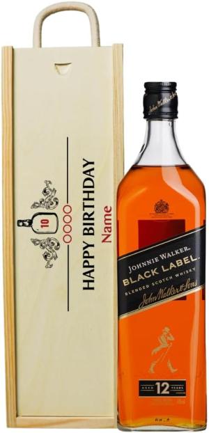 Personalised Happy Birthday Johnnie Walker Black Label Whisky Gift Set 70cl 12 Year Old Blended Scotch Whisky Personalised Wooden Presentation Box 40 ABV