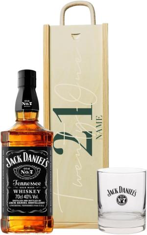Personalised 21st Birthday Jack Daniels Whiskey Gift Set with Branded Glass Personalised Wooden Gift Box 70cl