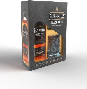 Bushmills Black Irish Whiskey Gift Set 700ml Bottle with Branded Whiskey Tumblers and 2x Celebration Spirits Beer Mats