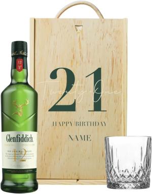 Personalised 21st Birthday Glenfiddich Whisky Gift Set with Whisky Glass Personalised Wooden Gift Box 70cl