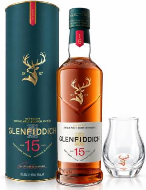 Glenfiddich 15 Year Old Solera Vat Whisky Gift Set Speyside Single Malt Scotch Whisky Spey Dram Nosing Glass Premium Whisky Gift 70cl 40 ABV