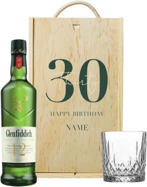 Personalised 30th Birthday Glenfiddich Whisky Gift Set with Whisky Glass Personalised Wooden Gift Box 70cl