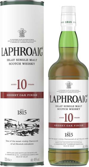 Laphroaig 10 Years Old Sherry Oak Finish Single Malt Peated Scotch Whisky Islay Maple Syrup and Dark Chocolate Bourbon and Oloroso Sherry Oak Cask Matured 48 Percent ABV 70 cl