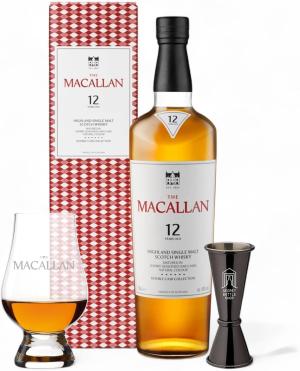 The Macallan 12 Years Old Double Cask Glass Jigger Set Scotch Highland Single Malt Whisky Toffee Orange Peel and Spice European and American Oak Sherry Seasoned Casks 70 cl