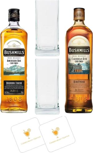 Celebration Spirits Bushmills Cask Edition Bundle Gift Set 1x American Oak 70cl 1x Caribbean Rum 70cl 2x Branded Bushmills Tumbler Whiskey Glasses 2x Celebration Spirits Beer Mats