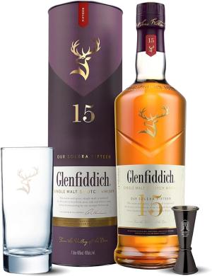 GLENFIDDICH 15YearOld Single Malt Scotch Whisky Gift Set Rich Complex Warm Spice Honey Rich Fruit Bourbon Oak Sherry Casks Harmonised In Solera Vat 40 ABV 70 cl