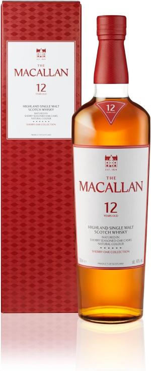 The Macallan 12 Years Old Sherry Oak Scotch Highland Single Malt Whisky Dried Fruit Oak Spice and Nutmeg European Oak Sherry Seasoned Casks 40 Percent ABV 70 cl Package may vary