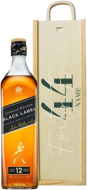 Personalised Happy Birthday Johnnie Walker Black Label Whisky Gift Set 70cl 12 Year Old Blended Scotch Whisky Personalised Wooden Presentation Box 40 ABV