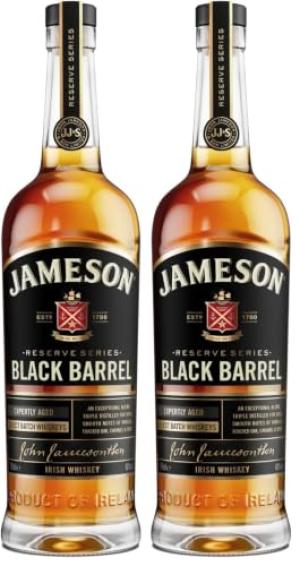Jameson Black Barrel Blended Irish Whiskey with Giftbox 40 ABV 70CL Triple Distilled Irish Whiskey Single Malt and Small Batch Grain Blended Whiskey Notes of Spices and Vanilla Pack of 2